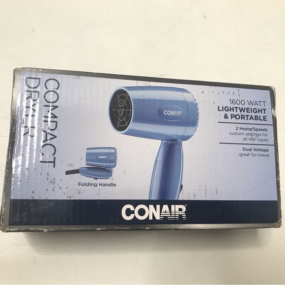 New Conair Folding Handle Travel Hair Dryer 1600 W 2 Heat/speed Setting Blue - Picture 1 of 5